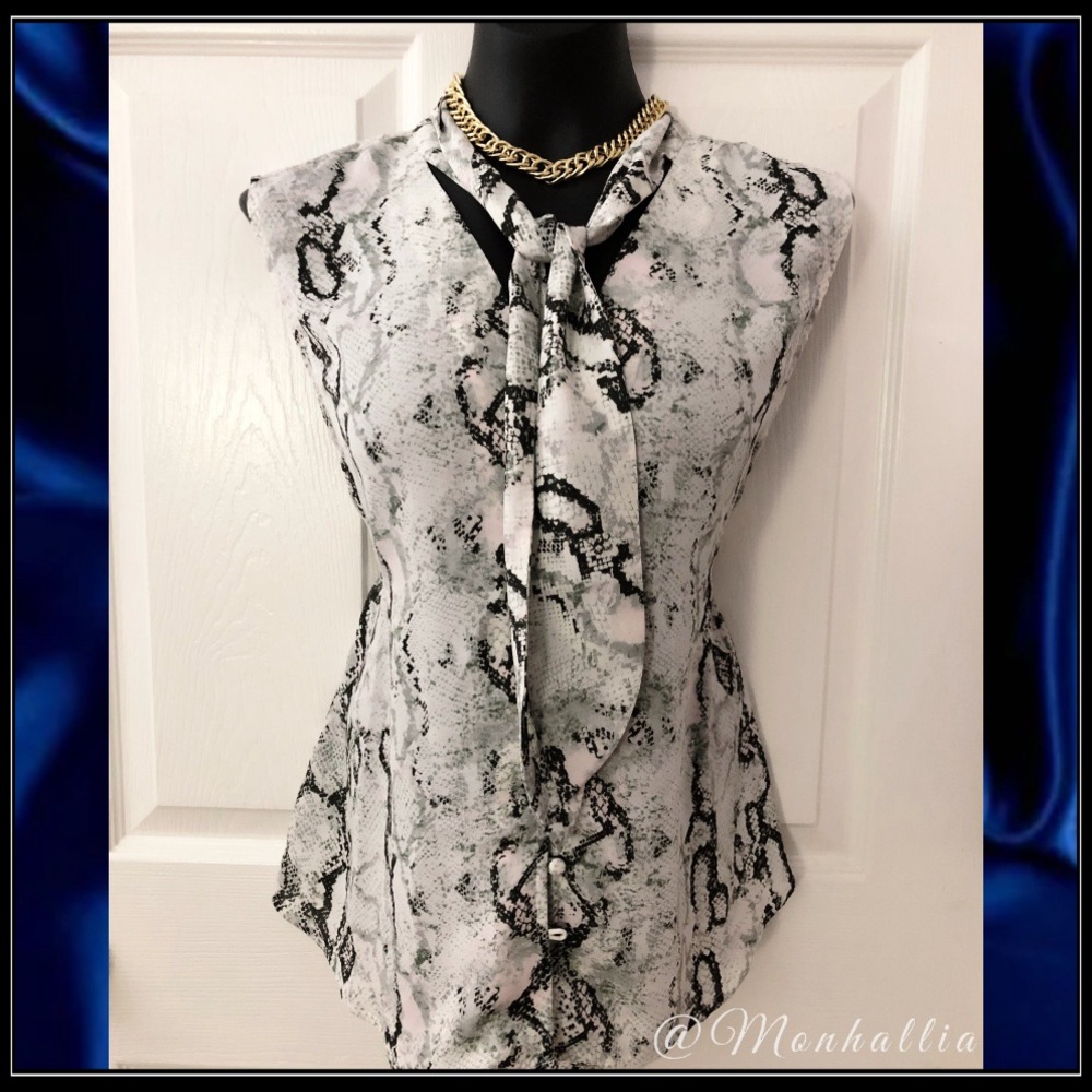 Snake Python Flowy Sleeveless Neck Tie Career Blouse Layering Laundry Top